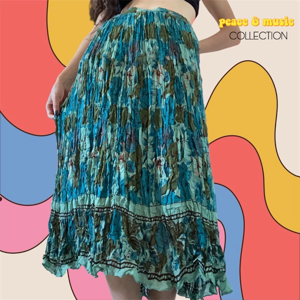 NWT Vintage 1990s Hippie Coldwater Creek Teal Floral Midi Skirt